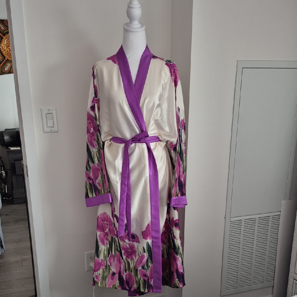 Floral Printed Ivory Silk Robe With Purple Trim Size XL